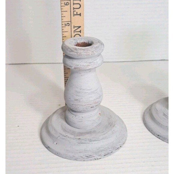 Primitive 5" Wood Candlesticks Set of 2 Rustic Farmhouse Decor Distressed Gray - Picture 4 of 4